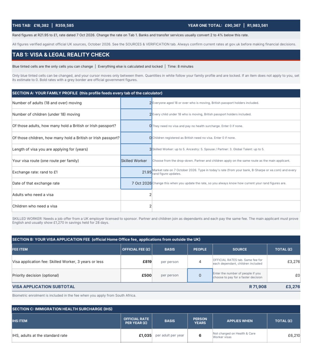 The Excel spreadsheet, visa and legal tab
